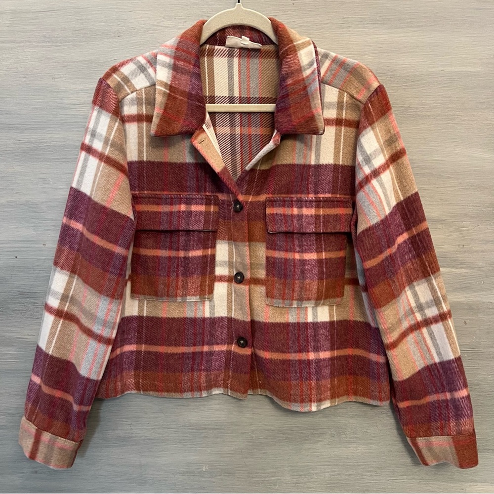 Melloday Purple Burgundy Gray Pink Cropped Flannel Shacket Medium Good Condition
